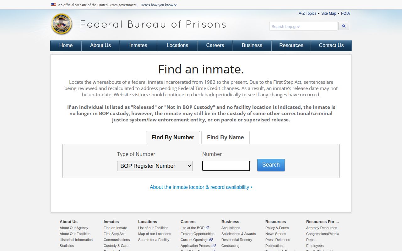 Federal Bureau of Prisons Inmate Locator search form