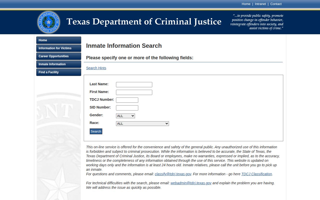 Hardeman County released inmate TDCJ offender search fields