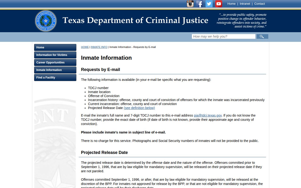 Hardeman County projected release date definition and TDCJ email fallback